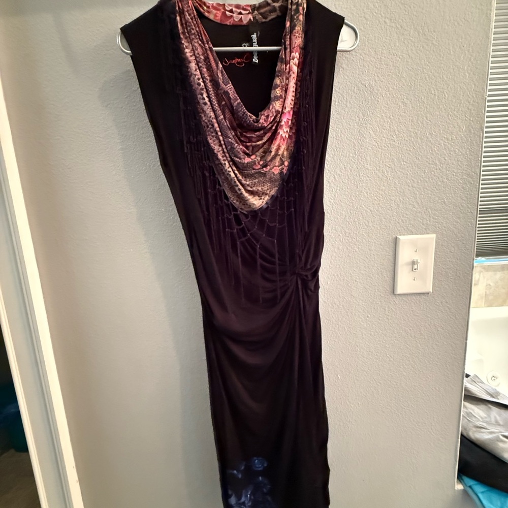Chic Black and Pink Cowl Neck Midi Dress